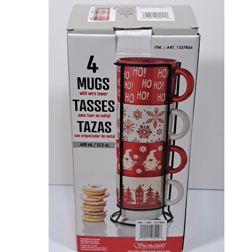 Signature Housewares Christmas Mug Set 4 Mugs with Wire Tower Red White 1337866